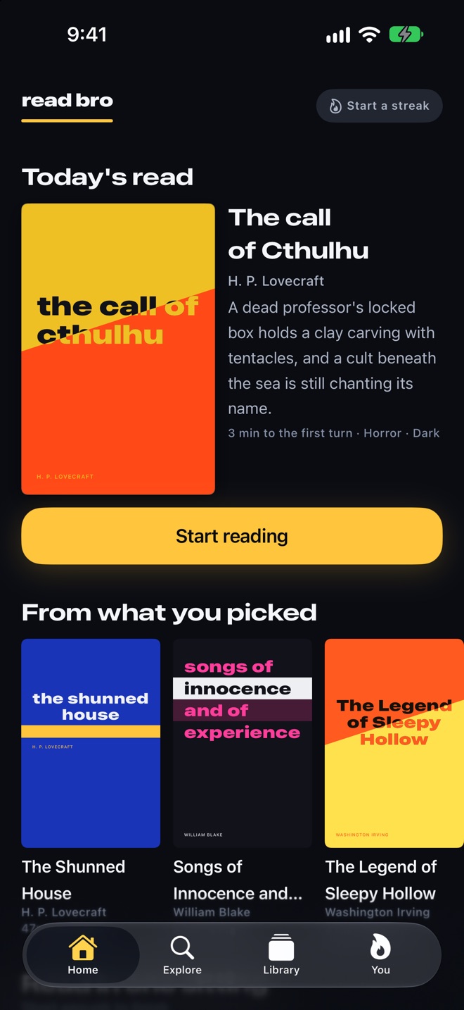The Read Bro home screen with Today's read, The Call of Cthulhu, and a Start reading button