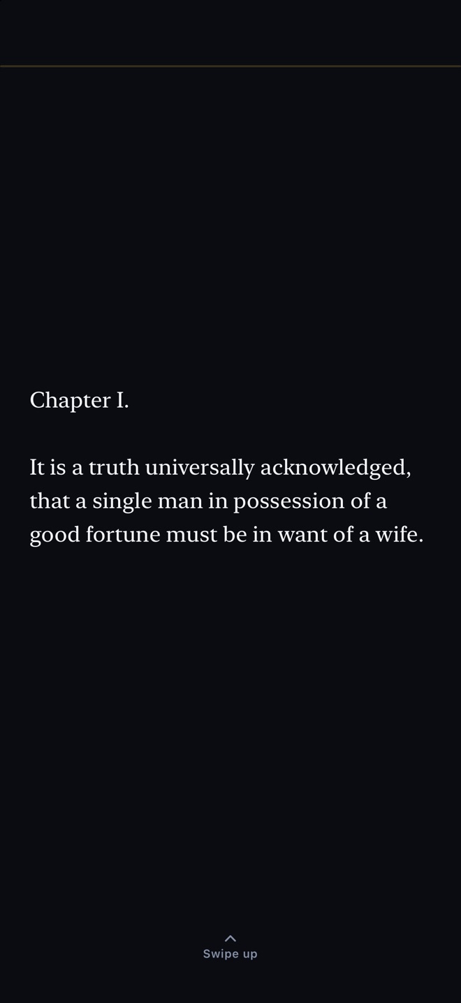 The reader showing the first screen of Pride and Prejudice with a swipe up cue