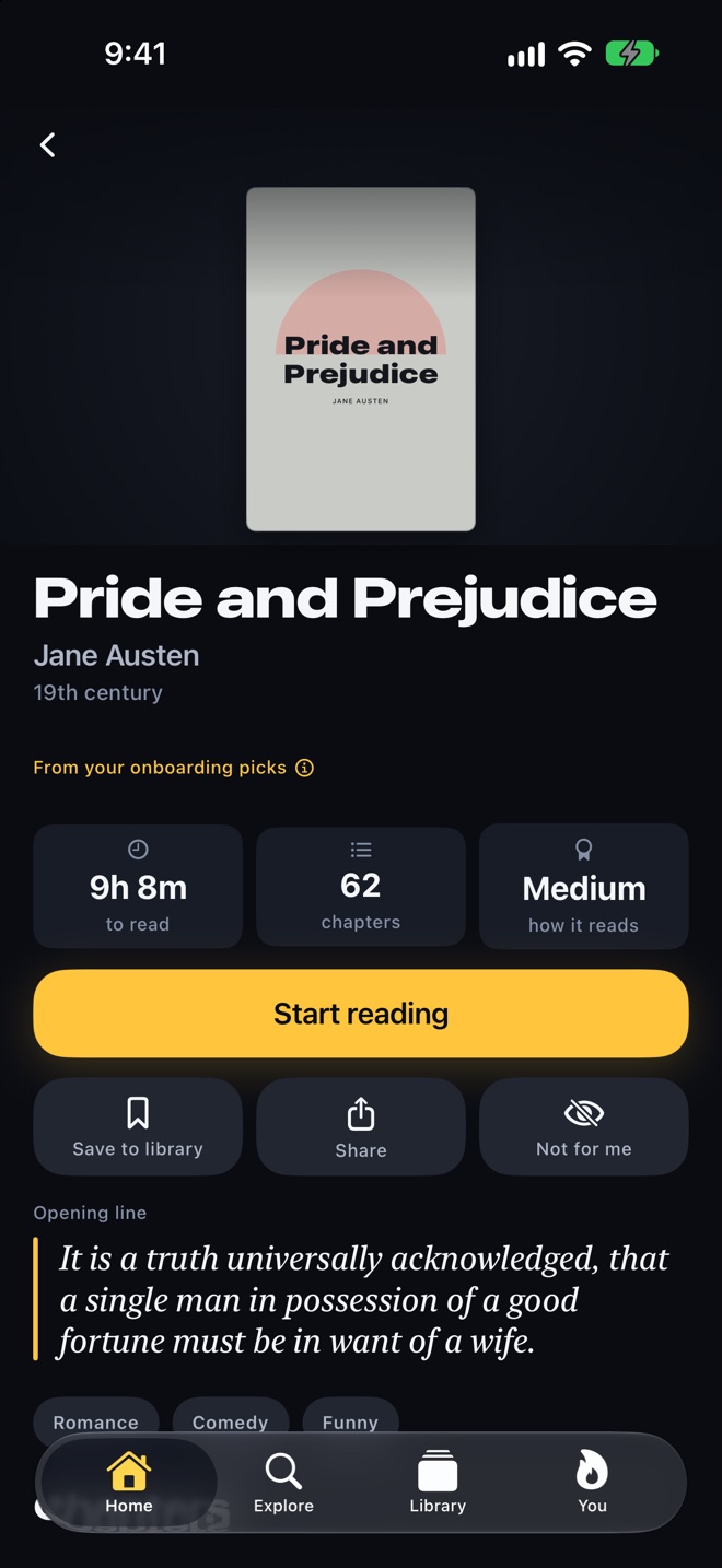 Pride and Prejudice book page with length, 62 chapters, difficulty and the reason it was picked