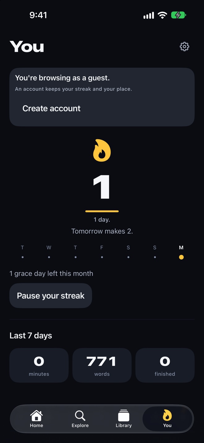 The You tab with a 1 day streak, the week row and 1 grace day left this month