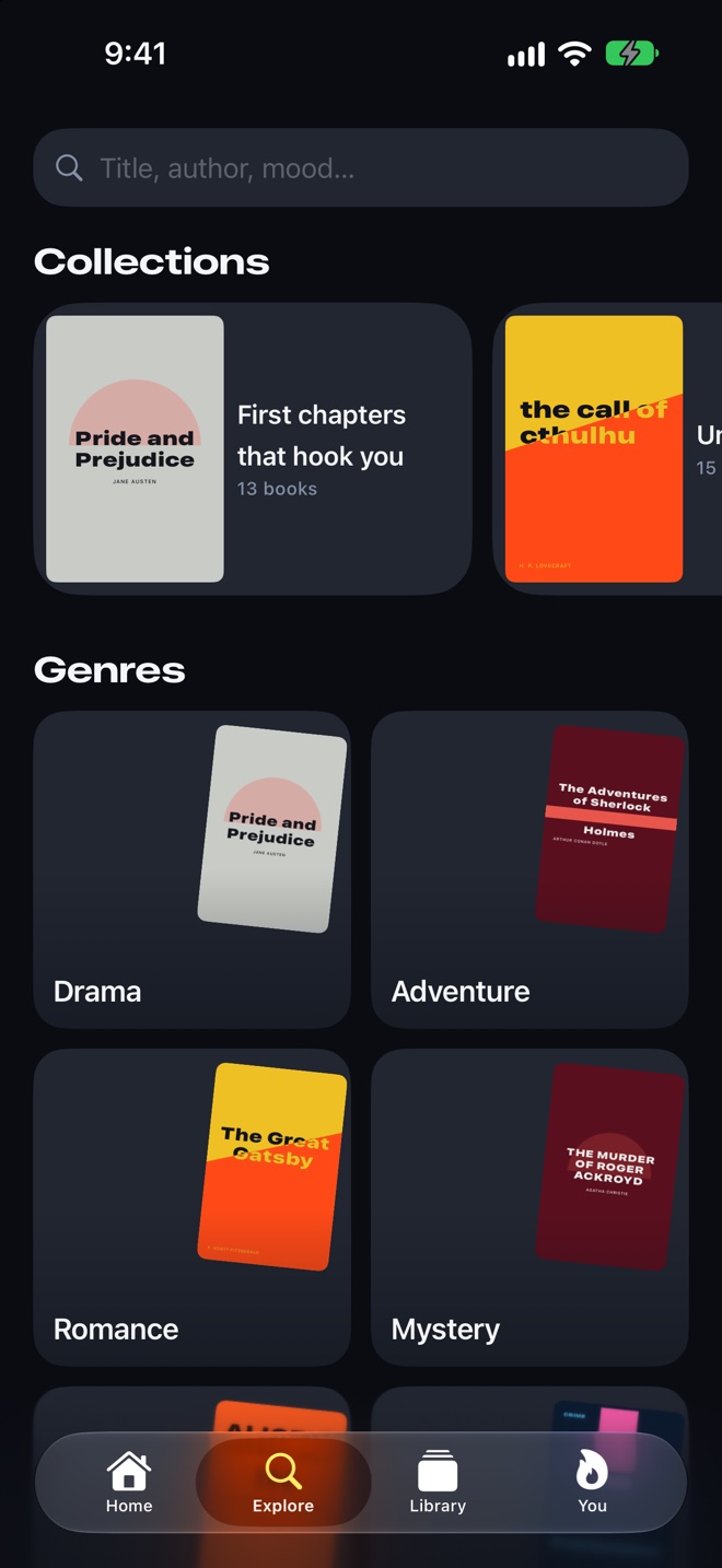 Explore with search, collections and a grid of genres