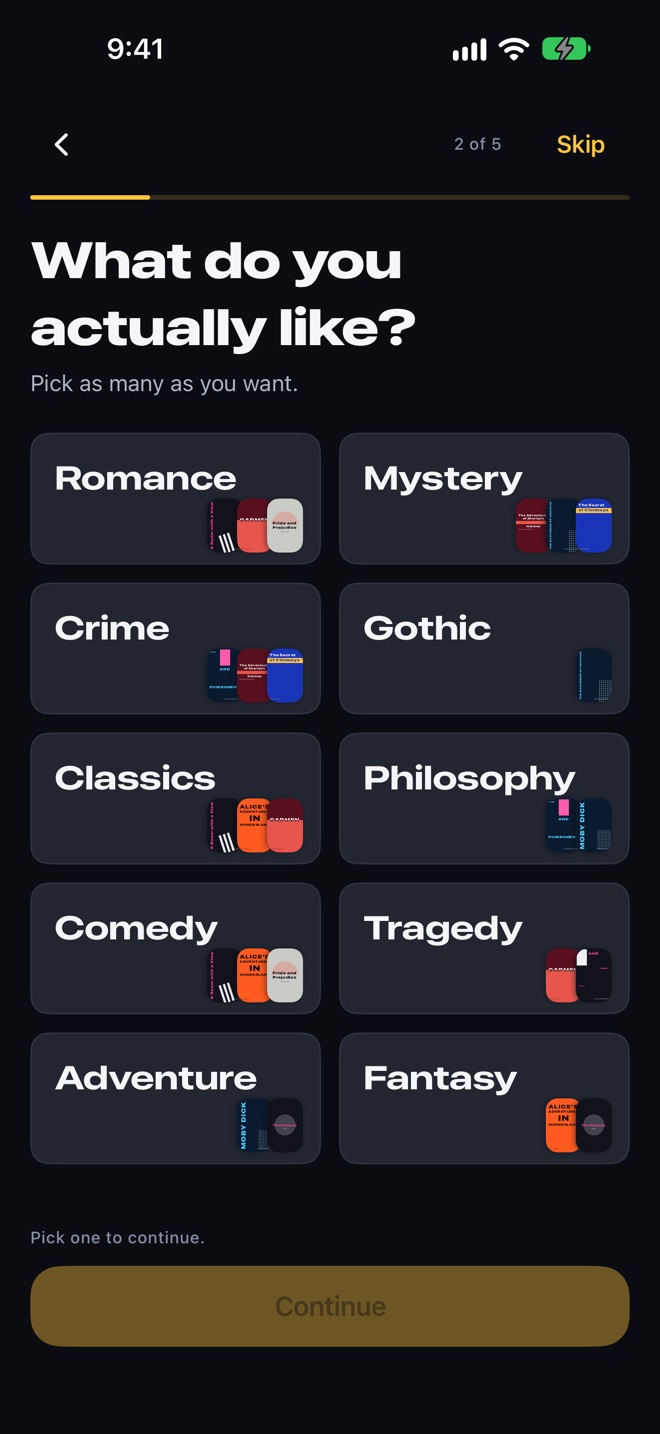 Onboarding question 2 of 5, What do you actually like, with a grid of genres